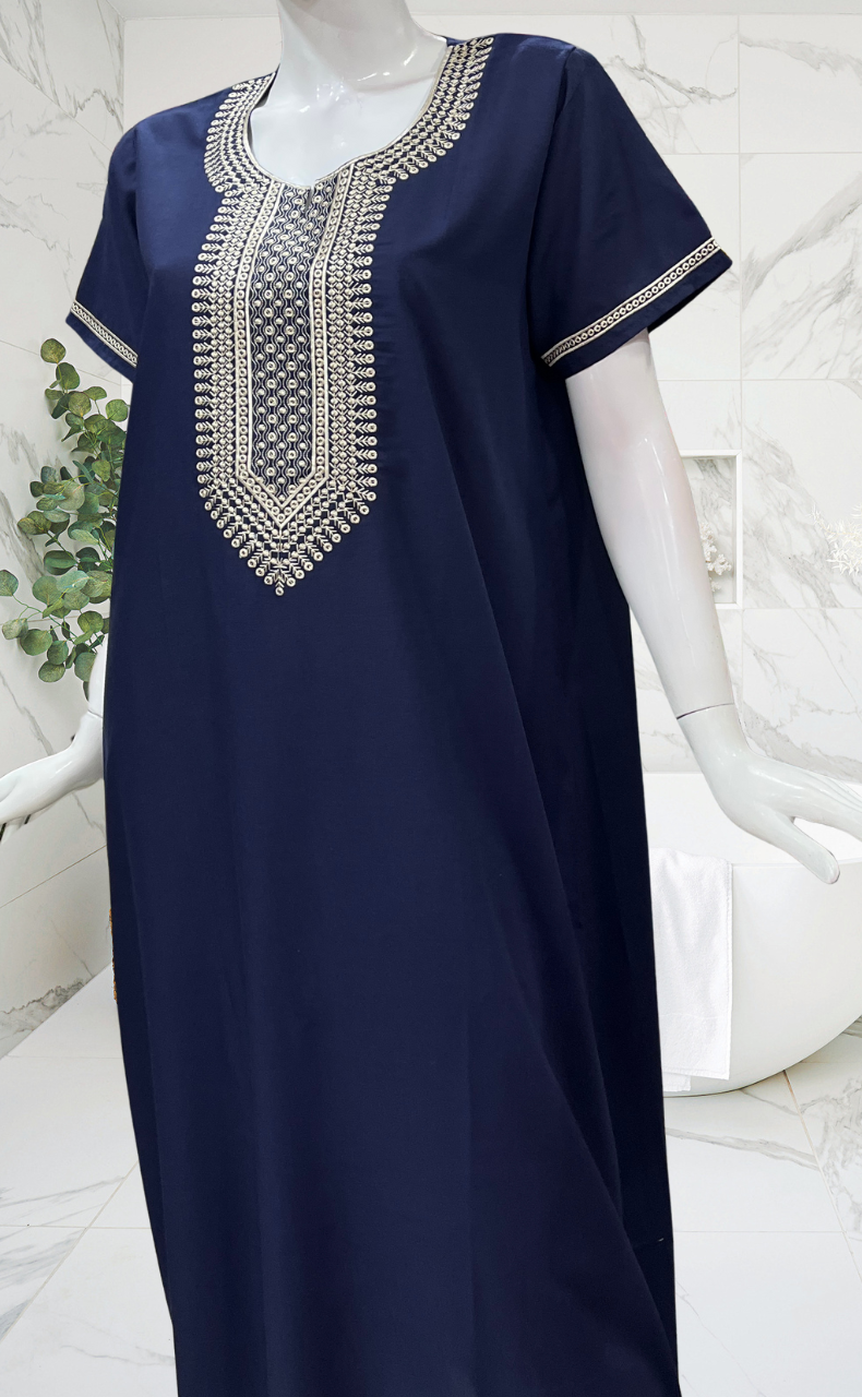 Navy Blue Embroidery Soft Cotton Nighty. Soft Breathable Fabric | Laces and Frills