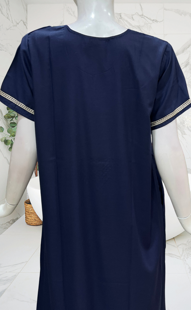 Navy Blue Embroidery Soft Cotton Nighty. Soft Breathable Fabric | Laces and Frills