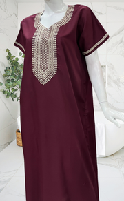Dark Maroon Embroidery Soft Cotton Nighty. Soft Breathable Fabric | Laces and Frills
