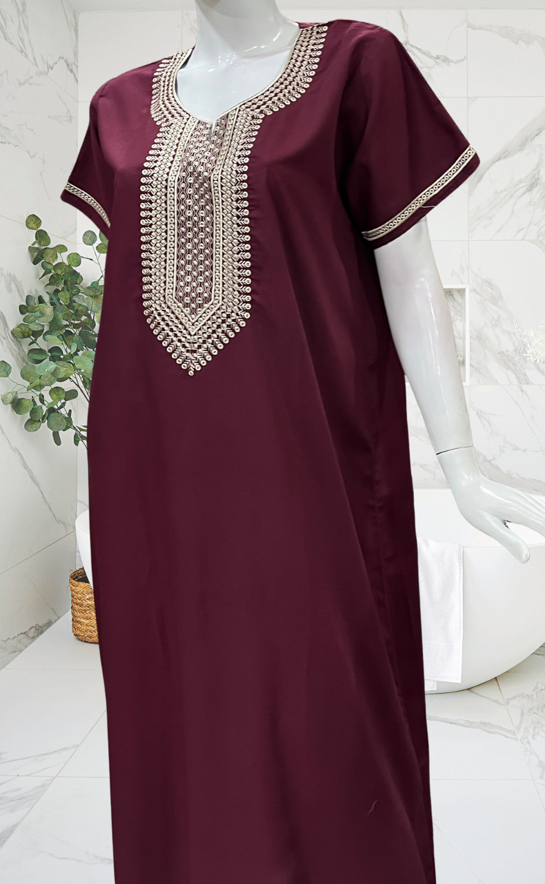 Dark Maroon Embroidery Soft Cotton Nighty. Soft Breathable Fabric | Laces and Frills
