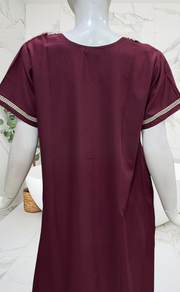 Dark Maroon Embroidery Soft Cotton Nighty. Soft Breathable Fabric | Laces and Frills