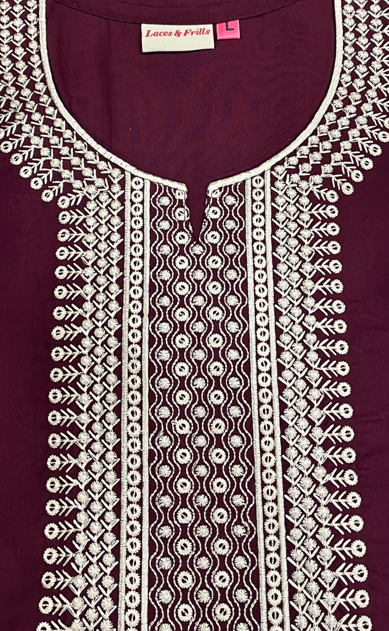 Dark Maroon Embroidery Soft Cotton Nighty. Soft Breathable Fabric | Laces and Frills