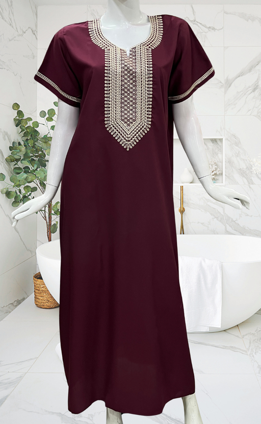 Dark Maroon Embroidery Soft Cotton Nighty. Soft Breathable Fabric | Laces and Frills