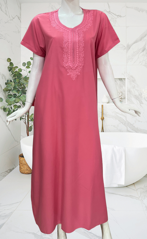 Onion Pink Embroidery Soft Cotton Nighty. Soft Breathable Fabric | Laces and Frills
