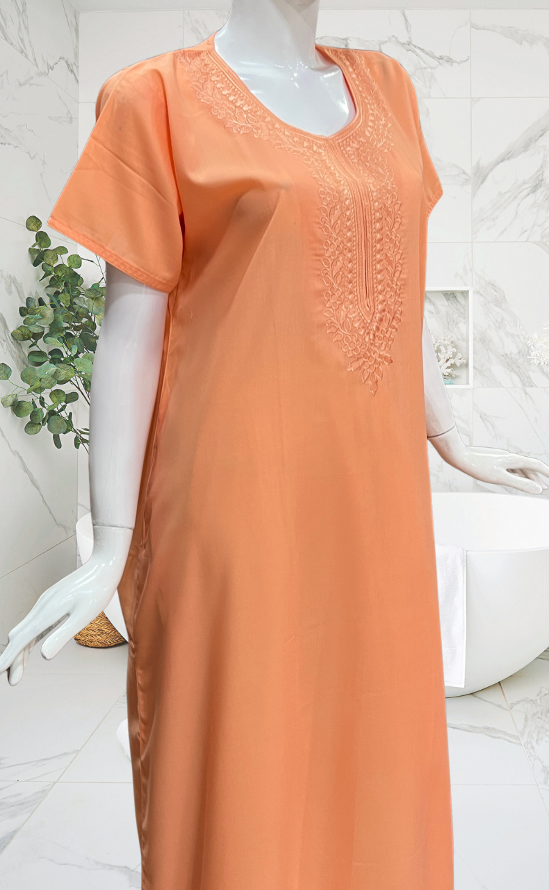 Light Orange Embroidery Soft Cotton Nighty. Soft Breathable Fabric | Laces and Frills