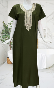 Olive Green Embroidery Soft Cotton Nighty. Soft Breathable Fabric | Laces and Frills