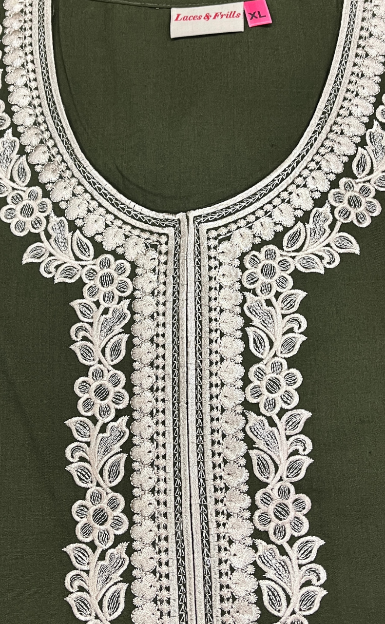 Olive Green Embroidery Soft Cotton Nighty. Soft Breathable Fabric | Laces and Frills