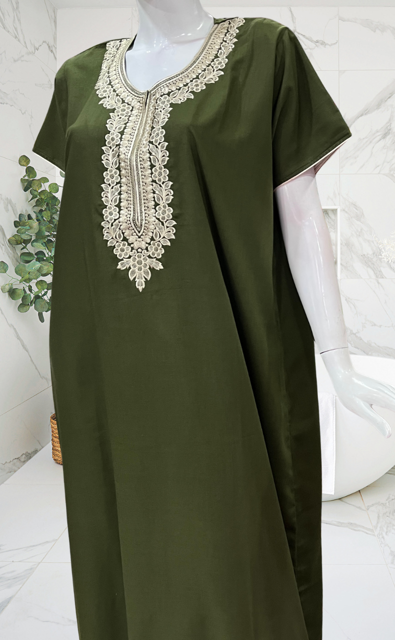 Olive Green Embroidery Soft Cotton Nighty. Soft Breathable Fabric | Laces and Frills