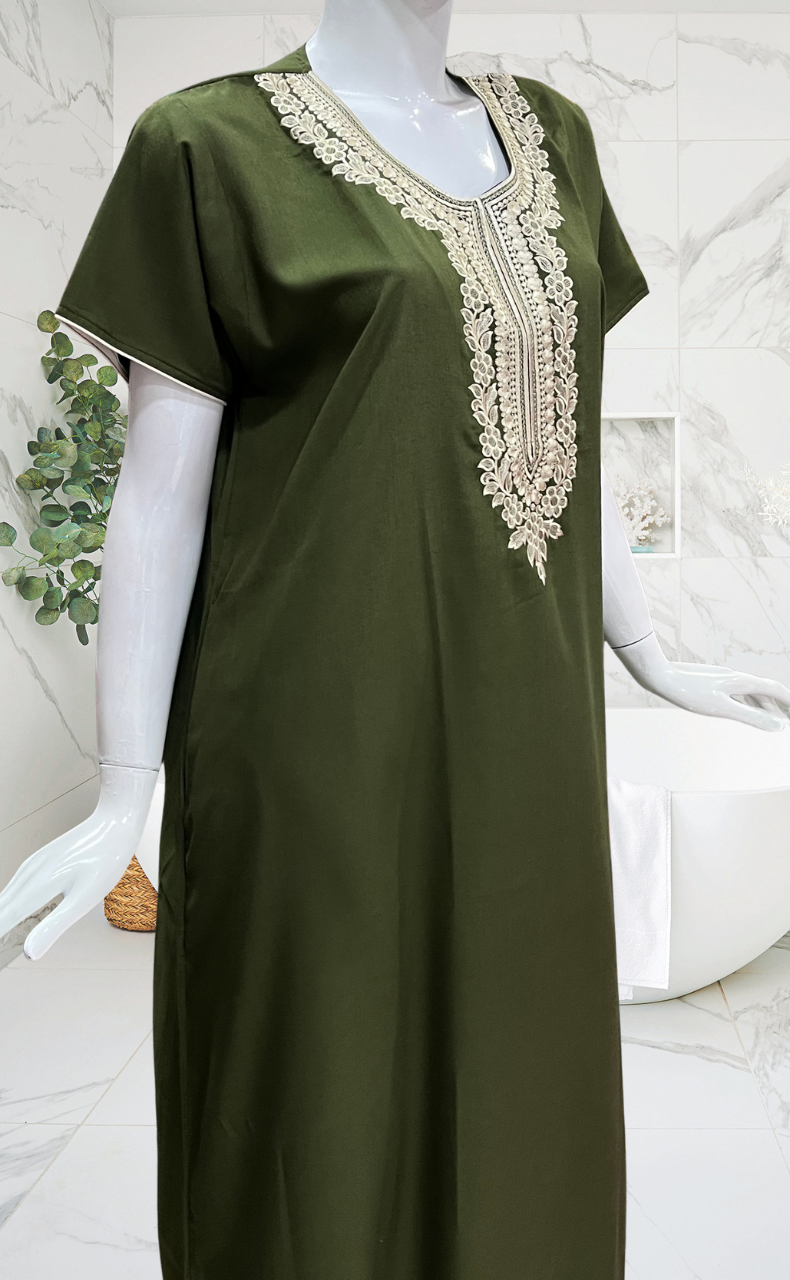 Olive Green Embroidery Soft Cotton Nighty. Soft Breathable Fabric | Laces and Frills