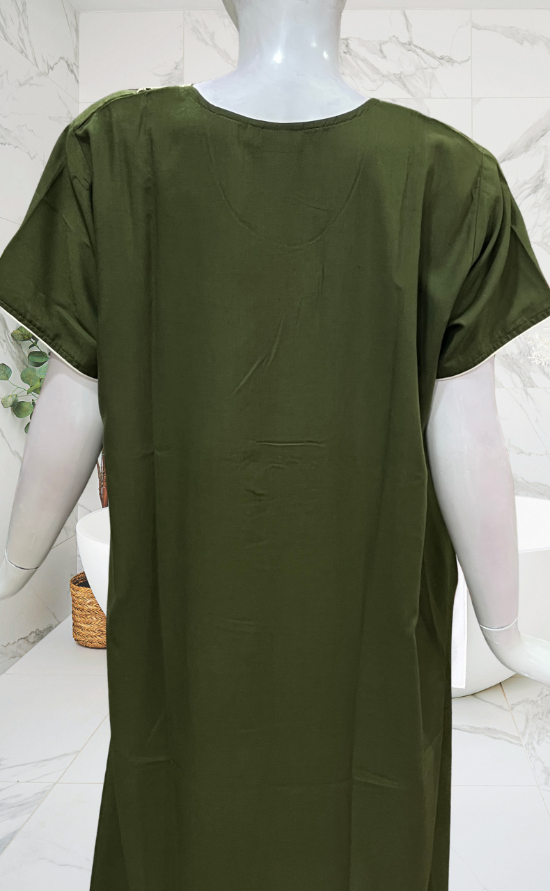 Olive Green Embroidery Soft Cotton Nighty. Soft Breathable Fabric | Laces and Frills