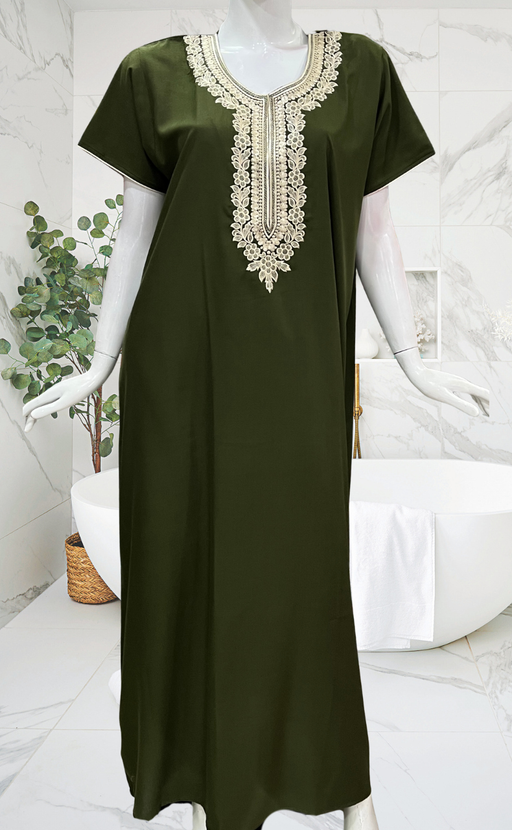 Olive Green Embroidery Soft Cotton Nighty. Soft Breathable Fabric | Laces and Frills