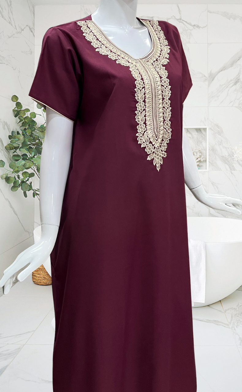 Dark Maroon Embroidery Soft Cotton Nighty. Soft Breathable Fabric | Laces and Frills