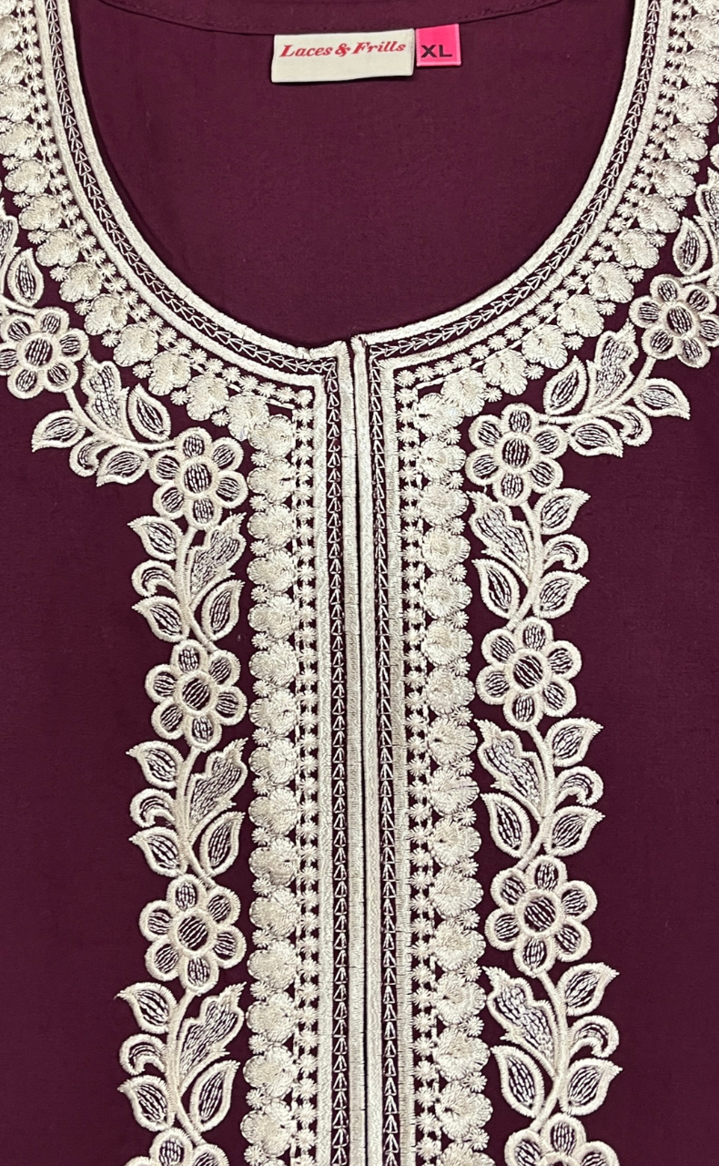 Dark Maroon Embroidery Soft Cotton Nighty. Soft Breathable Fabric | Laces and Frills