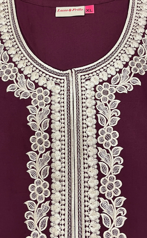 Dark Maroon Embroidery Soft Cotton Nighty. Soft Breathable Fabric | Laces and Frills