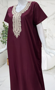 Dark Maroon Embroidery Soft Cotton Nighty. Soft Breathable Fabric | Laces and Frills