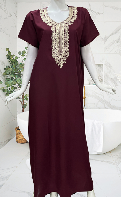 Dark Maroon Embroidery Soft Cotton Nighty. Soft Breathable Fabric | Laces and Frills