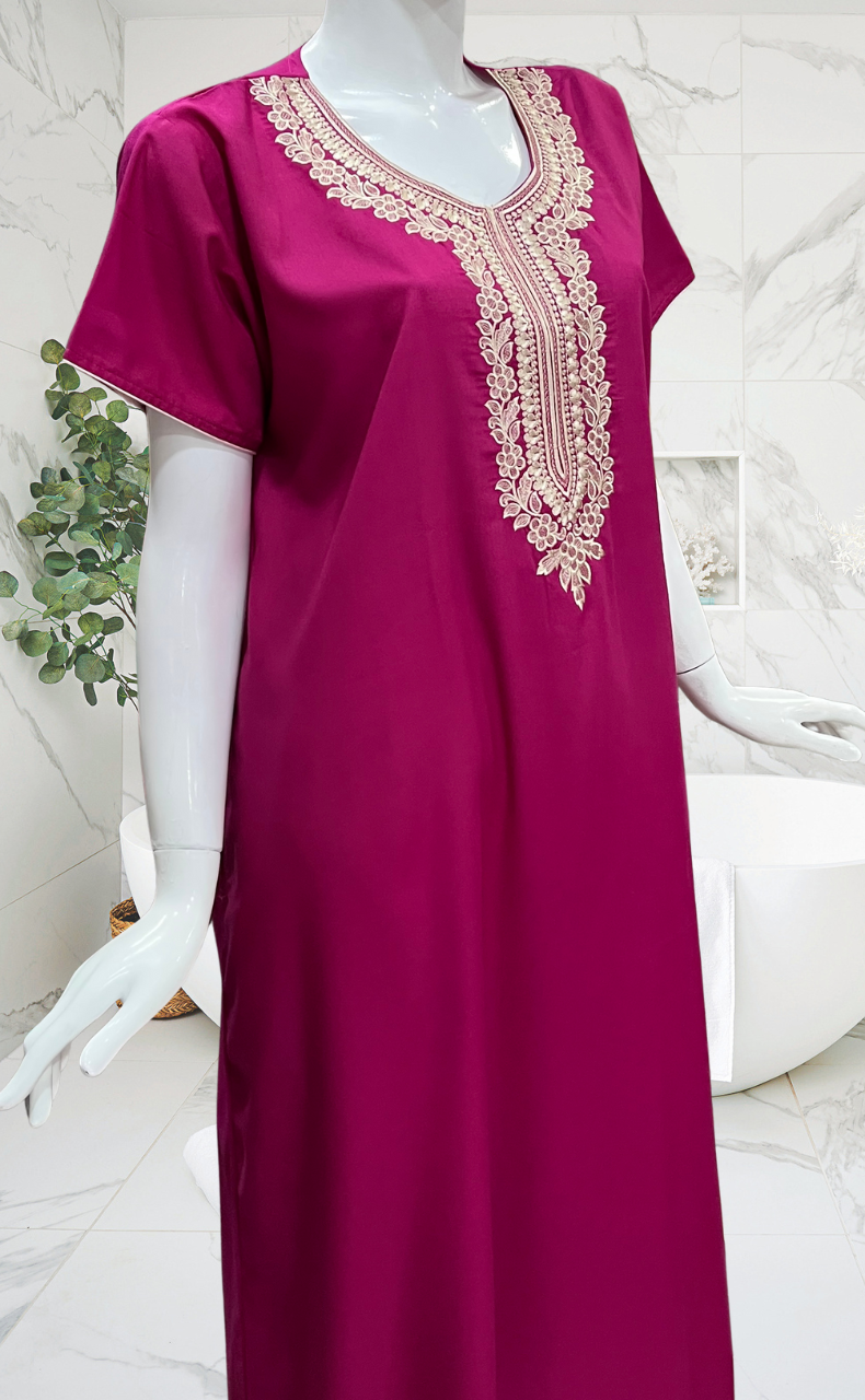 Hot Pink Embroidery Soft Cotton Nighty. Soft Breathable Fabric | Laces and Frills