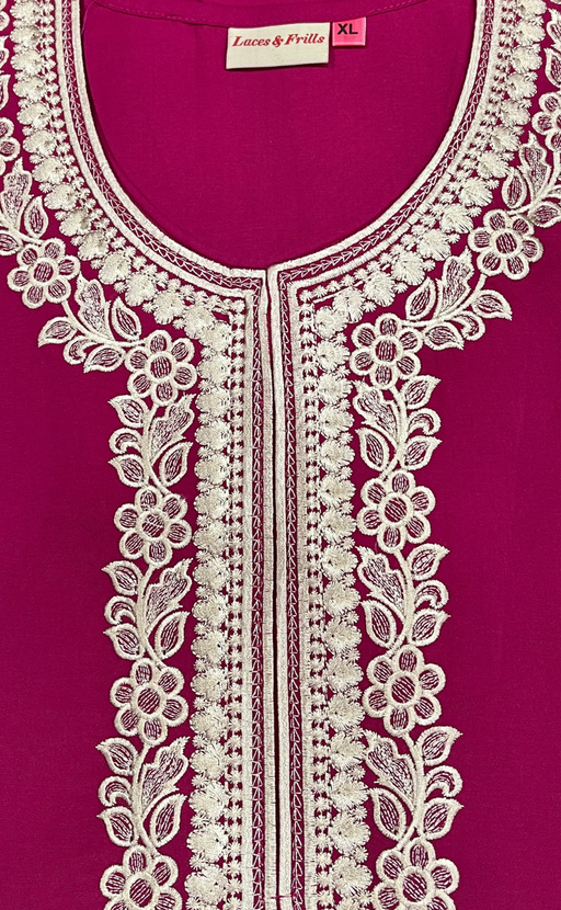 Rani Pink Embroidery Soft Cotton Nighty. Soft Breathable Fabric | Laces and Frills