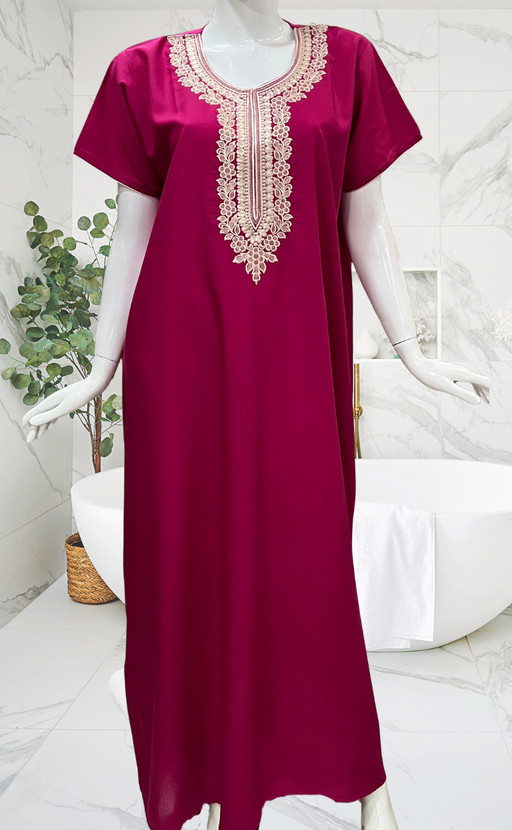 Rani Pink Embroidery Soft Cotton Nighty. Soft Breathable Fabric | Laces and Frills