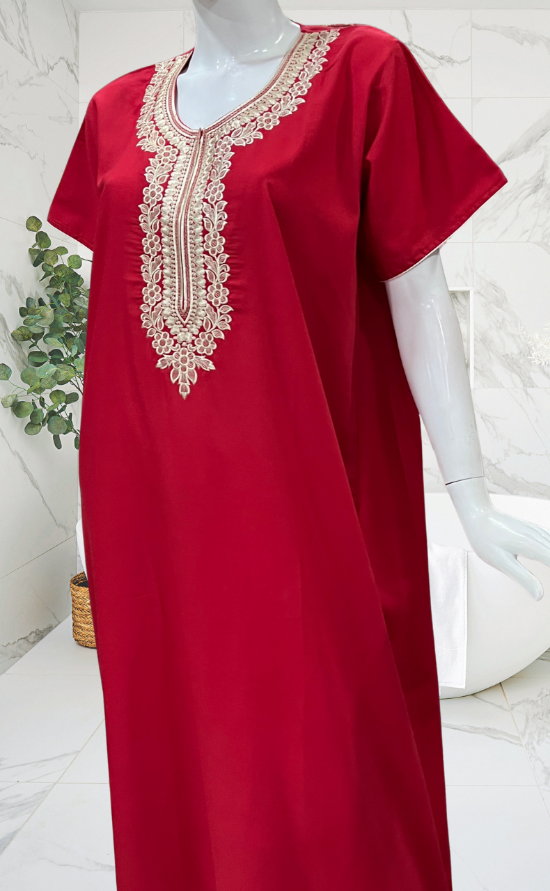Red Embroidery Soft Cotton Nighty. Soft Breathable Fabric | Laces and Frills