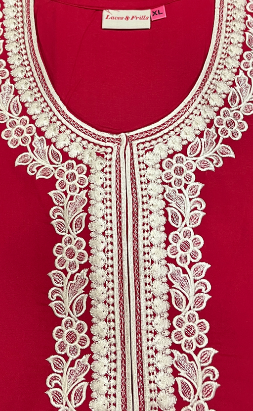 Red Embroidery Soft Cotton Nighty. Soft Breathable Fabric | Laces and Frills