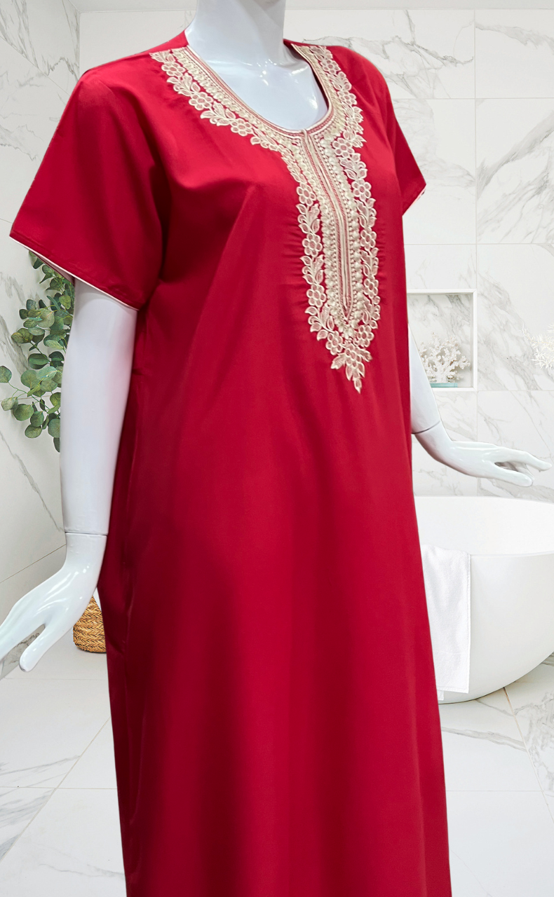Red Embroidery Soft Cotton Nighty. Soft Breathable Fabric | Laces and Frills