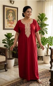 Red Embroidery Soft Cotton Nighty. Soft Breathable Fabric | Laces and Frills - Laces and Frills