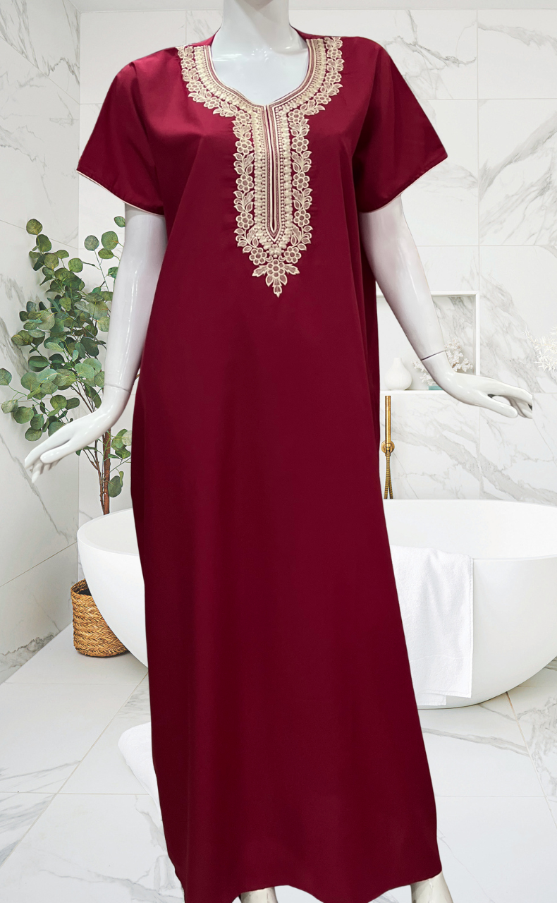Maroon Embroidery Soft Cotton Nighty. Soft Breathable Fabric | Laces and Frills