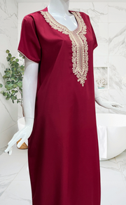 Maroon Embroidery Soft Cotton Nighty. Soft Breathable Fabric | Laces and Frills