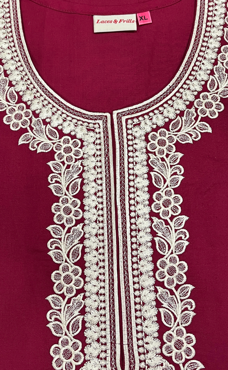 Maroon Embroidery Soft Cotton Nighty. Soft Breathable Fabric | Laces and Frills