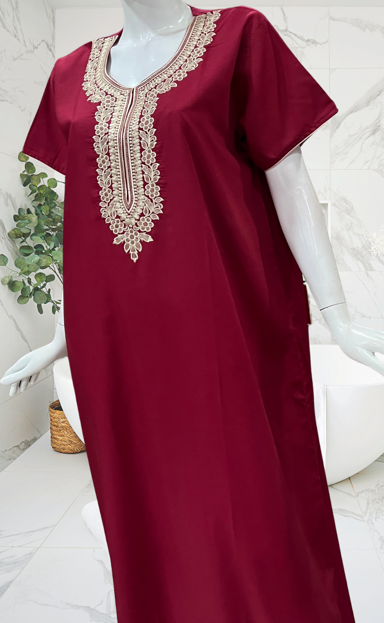 Maroon Embroidery Soft Cotton Nighty. Soft Breathable Fabric | Laces and Frills