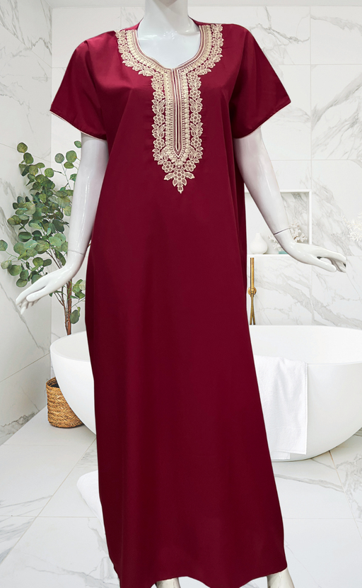 Maroon Embroidery Soft Cotton Nighty. Soft Breathable Fabric | Laces and Frills