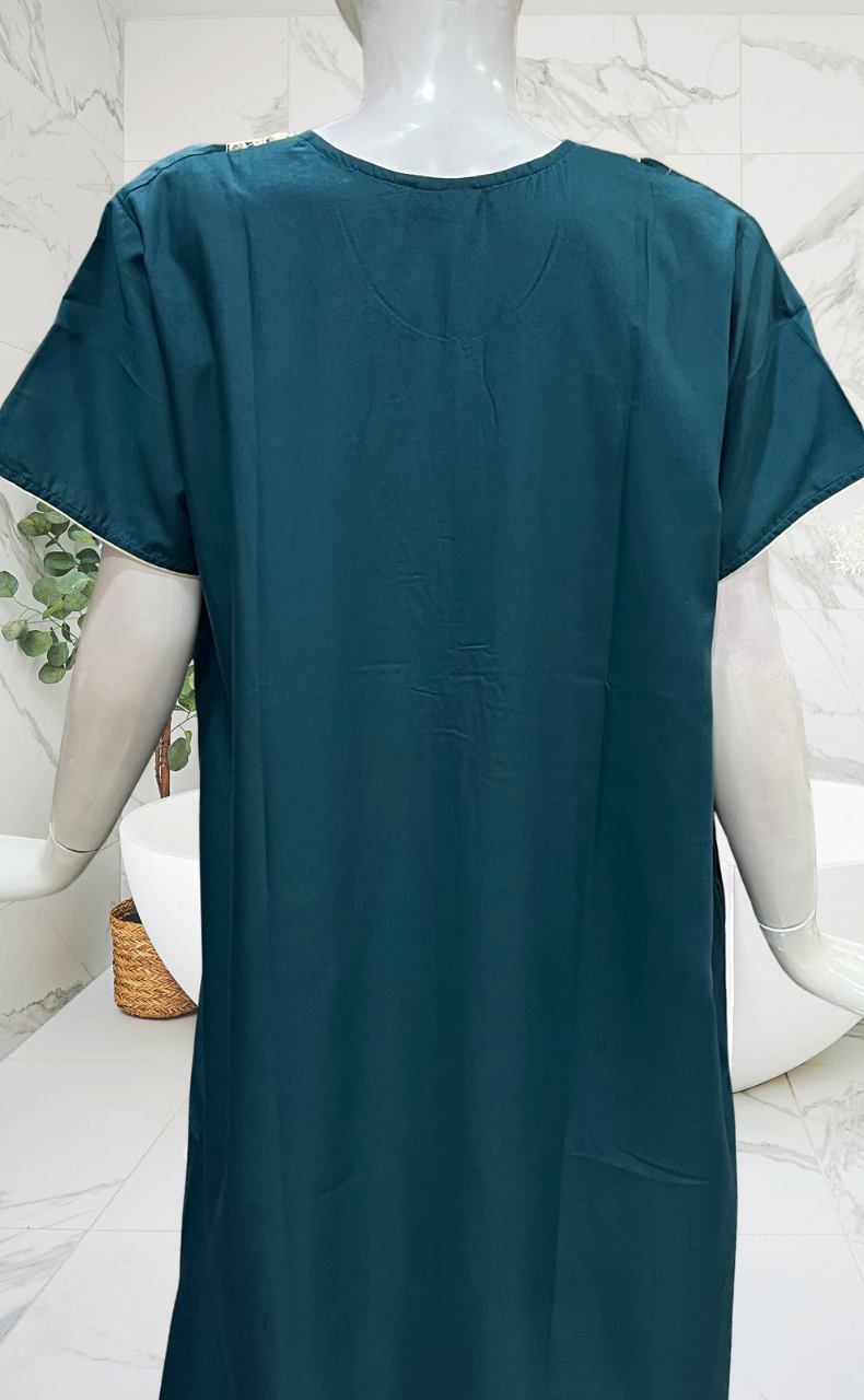 Teal Blue Embroidery Soft Cotton Nighty. Soft Breathable Fabric | Laces and Frills