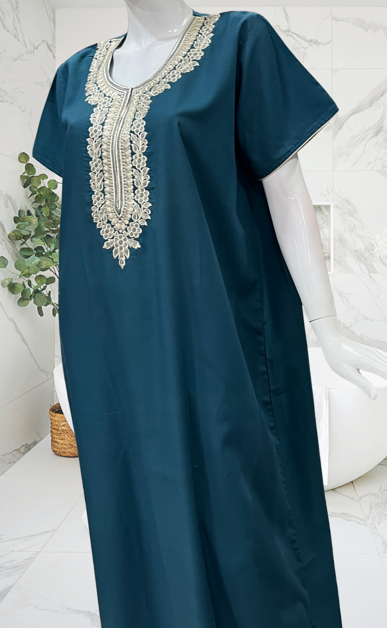 Teal Blue Embroidery Soft Cotton Nighty. Soft Breathable Fabric | Laces and Frills