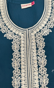 Teal Blue Embroidery Soft Cotton Nighty. Soft Breathable Fabric | Laces and Frills