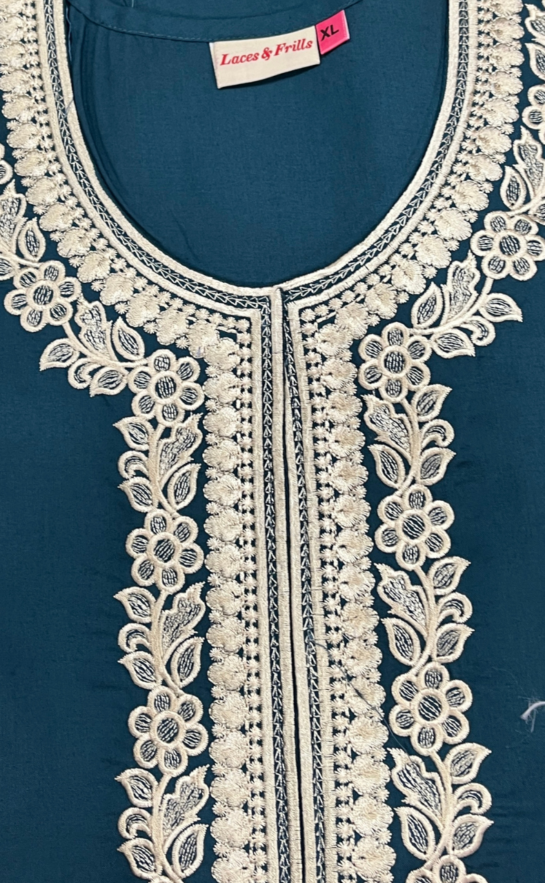 Teal Blue Embroidery Soft Cotton Nighty. Soft Breathable Fabric | Laces and Frills