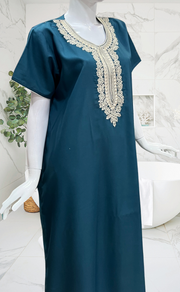 Teal Blue Embroidery Soft Cotton Nighty. Soft Breathable Fabric | Laces and Frills