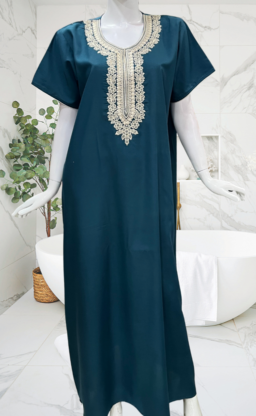 Teal Blue Embroidery Soft Cotton Nighty. Soft Breathable Fabric | Laces and Frills