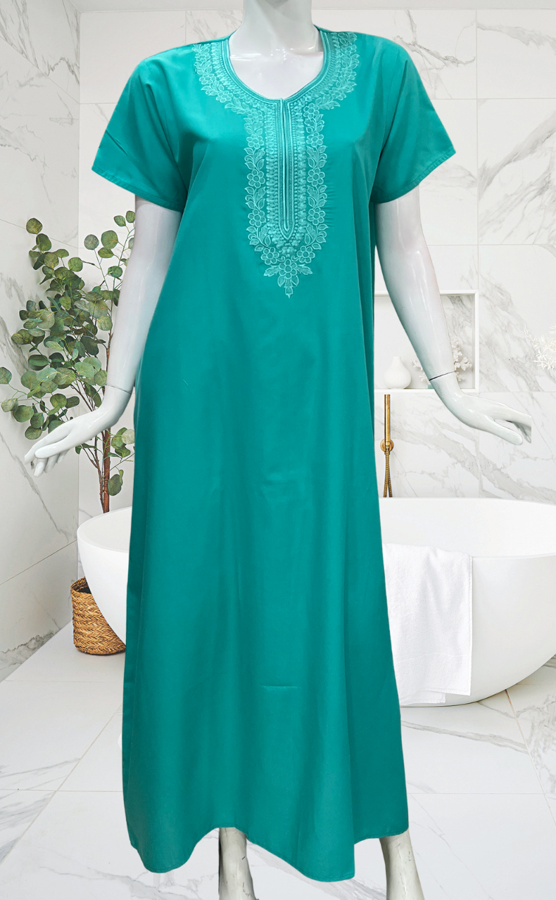 Sea Green Embroidery Soft Cotton Nighty. Soft Breathable Fabric | Laces and Frills
