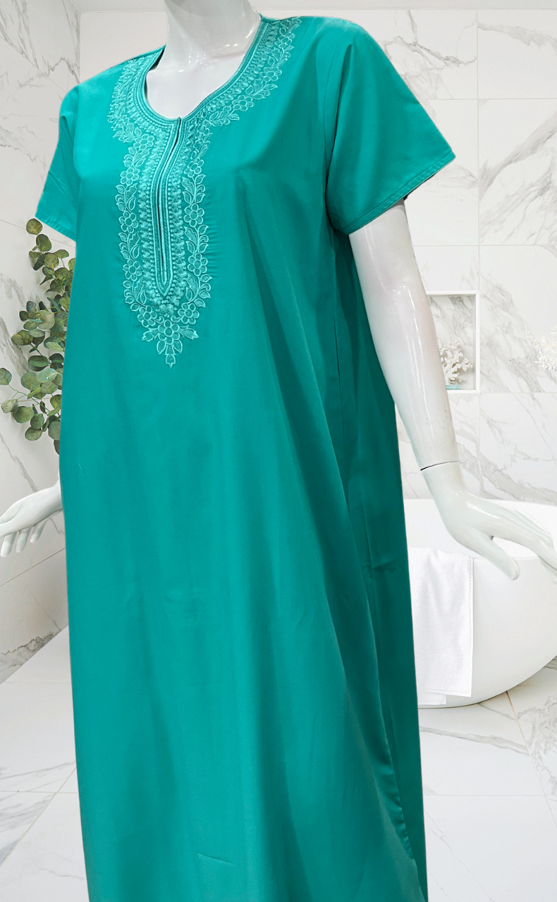 Sea Green Embroidery Soft Cotton Nighty. Soft Breathable Fabric | Laces and Frills
