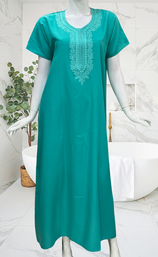 Sea Green Embroidery Soft Cotton Nighty. Soft Breathable Fabric | Laces and Frills