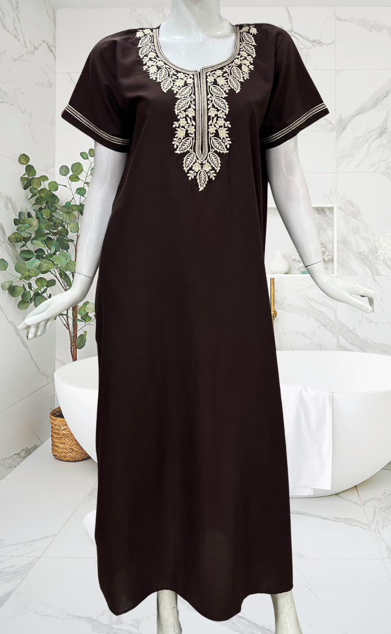 Dark Brown Embroidery Soft Cotton Nighty. Soft Breathable Fabric | Laces and Frills