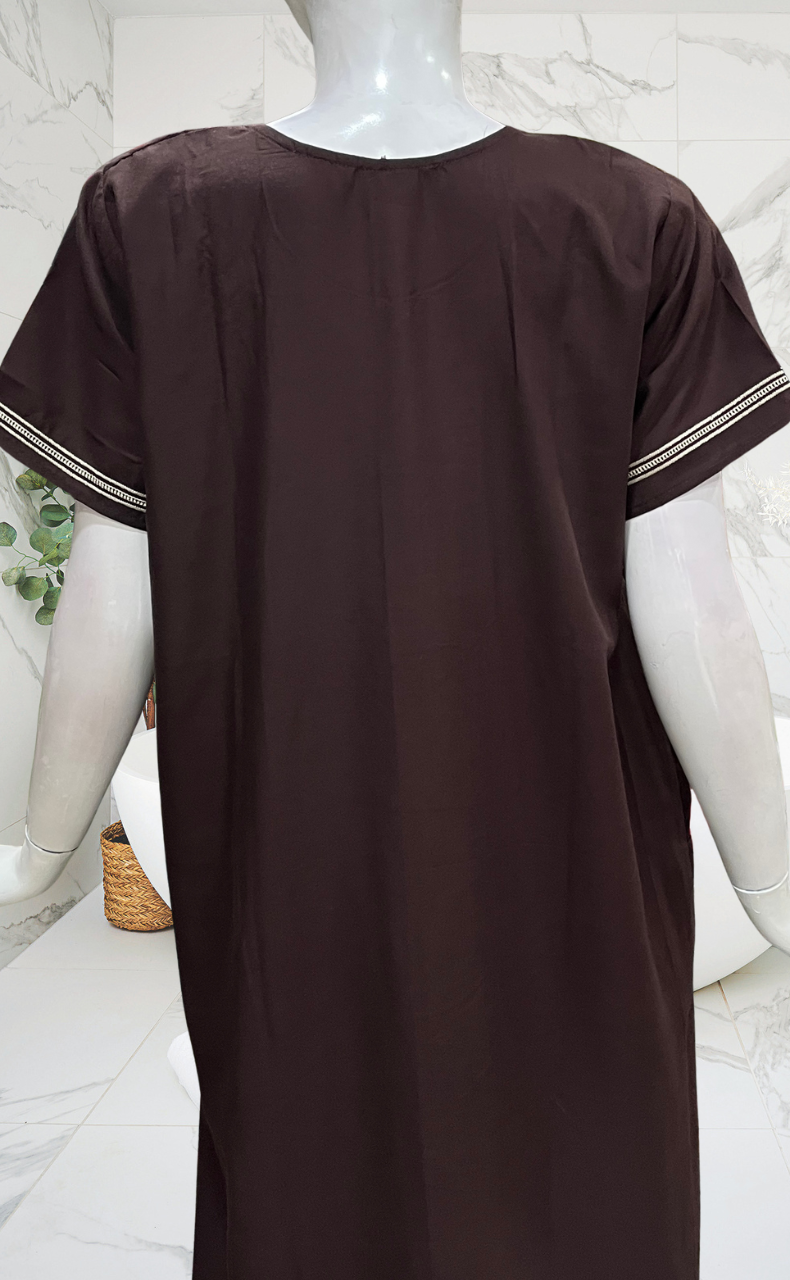 Dark Brown Embroidery Soft Cotton Nighty. Soft Breathable Fabric | Laces and Frills