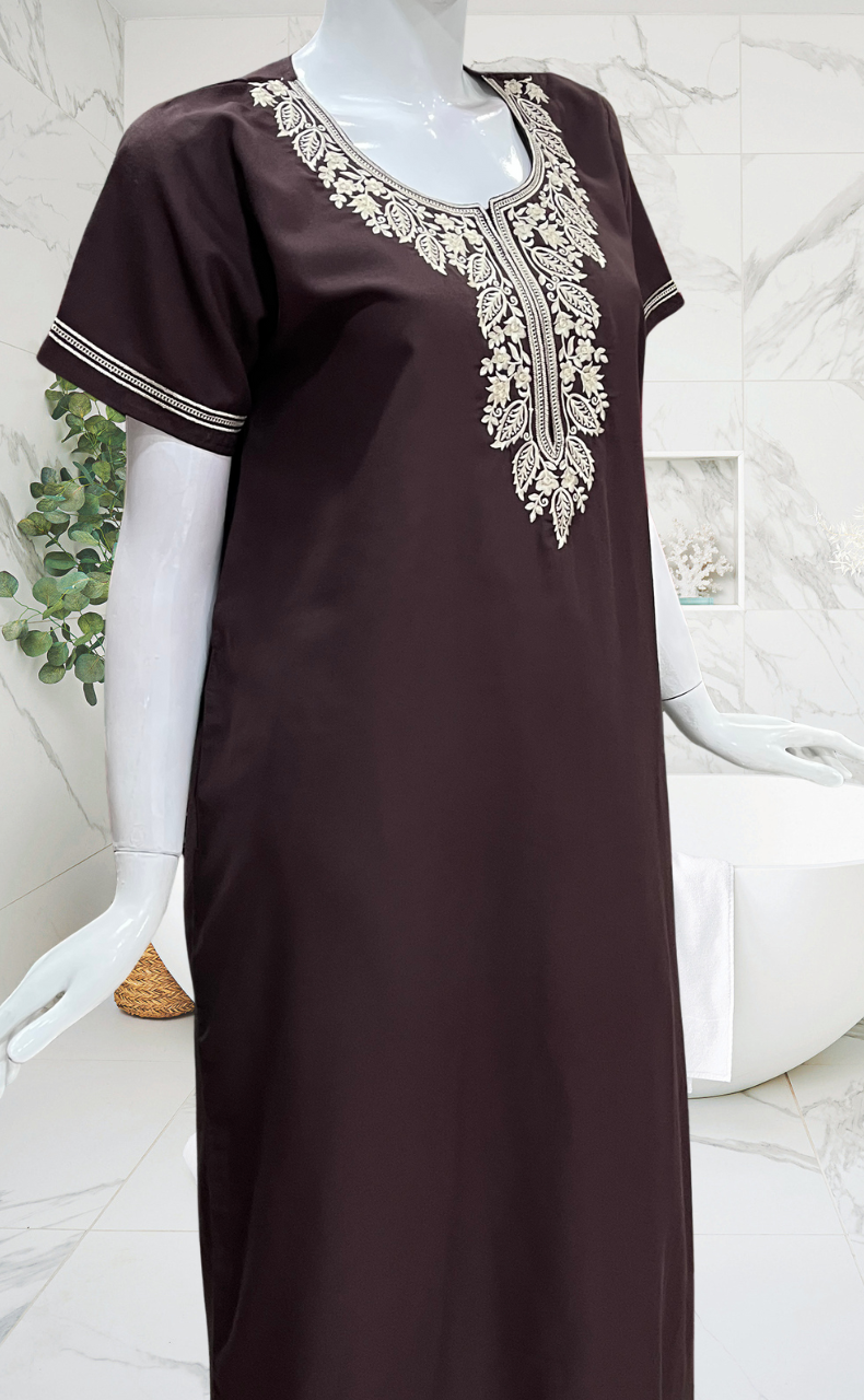 Dark Brown Embroidery Soft Cotton Nighty. Soft Breathable Fabric | Laces and Frills
