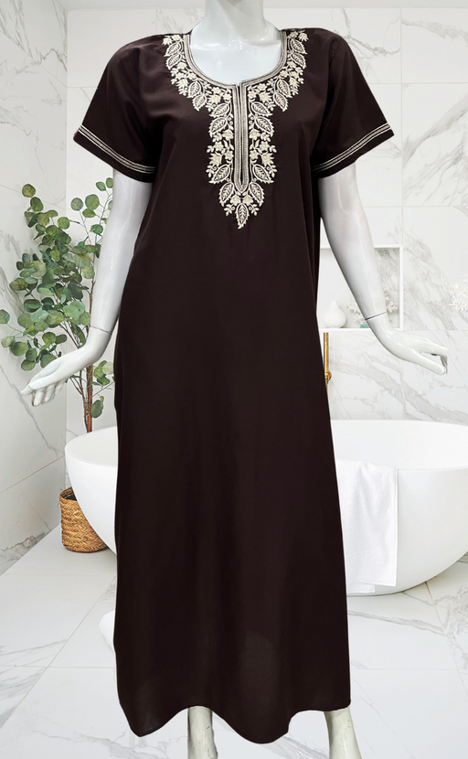 Dark Brown Embroidery Soft Cotton Nighty. Soft Breathable Fabric | Laces and Frills