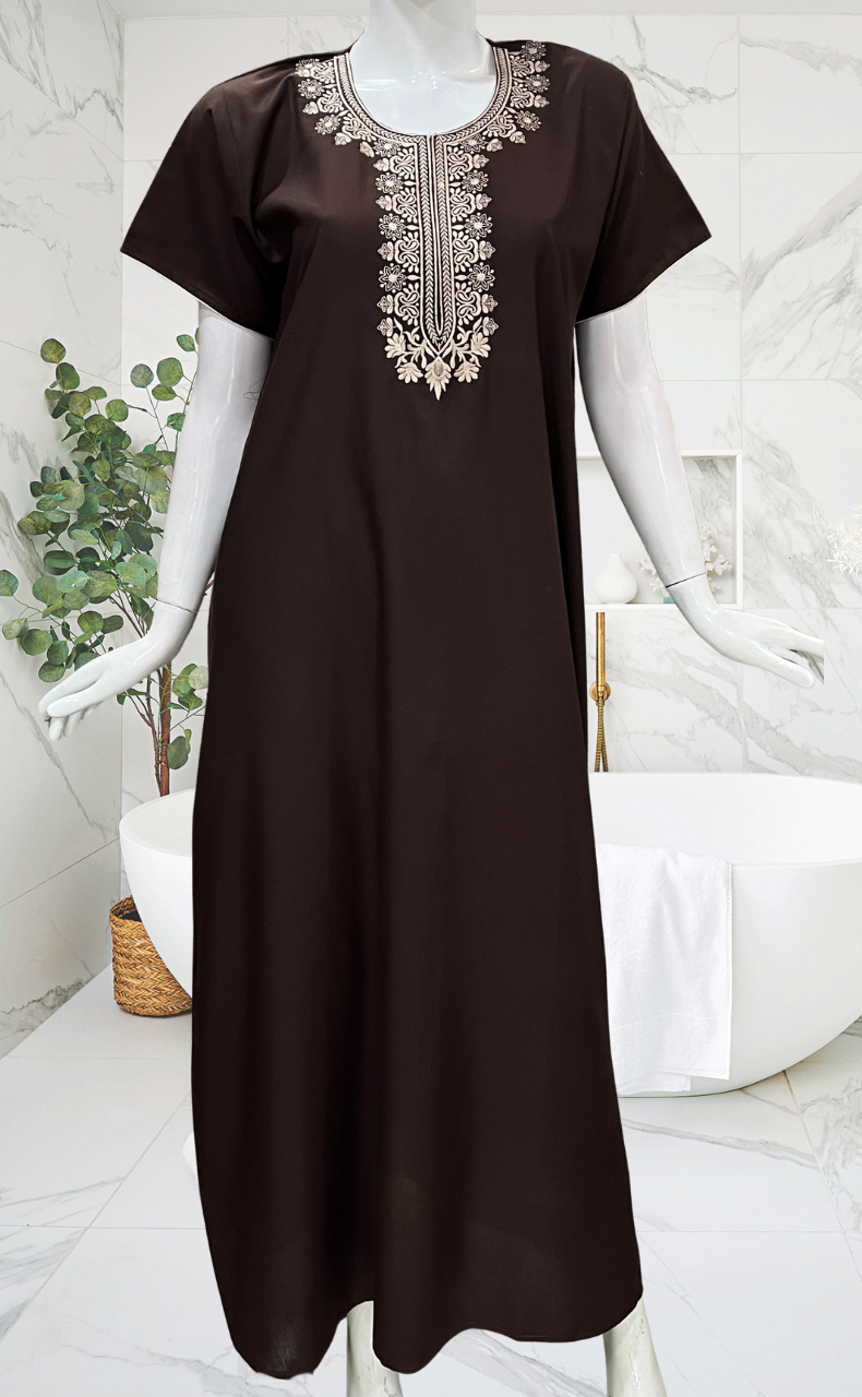 Dark Brown Embroidery Soft Cotton Nighty. Soft Breathable Fabric | Laces and Frills