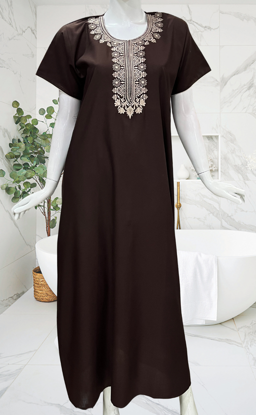 Dark Brown Embroidery Soft Cotton Nighty. Soft Breathable Fabric | Laces and Frills