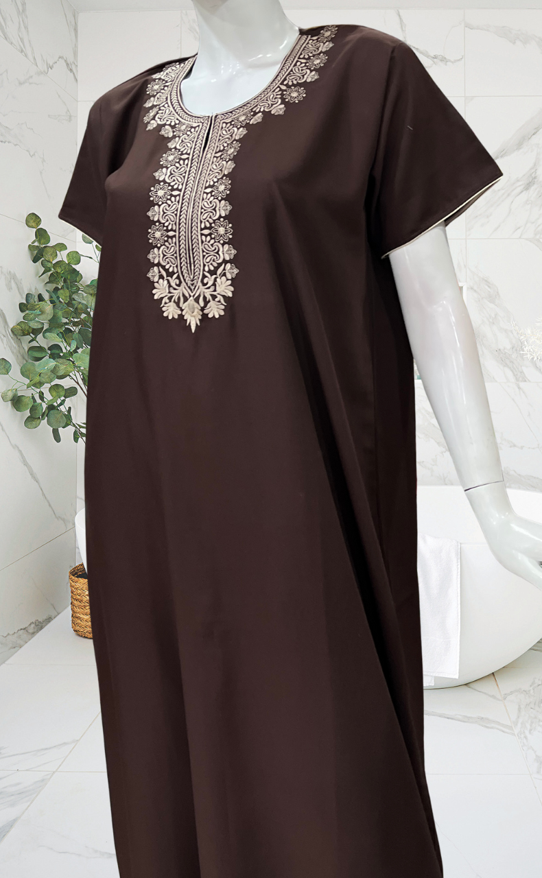 Dark Brown Embroidery Soft Cotton Nighty. Soft Breathable Fabric | Laces and Frills