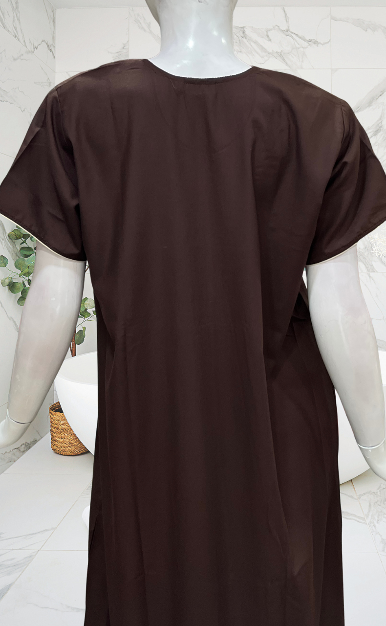 Dark Brown Embroidery Soft Cotton Nighty. Soft Breathable Fabric | Laces and Frills