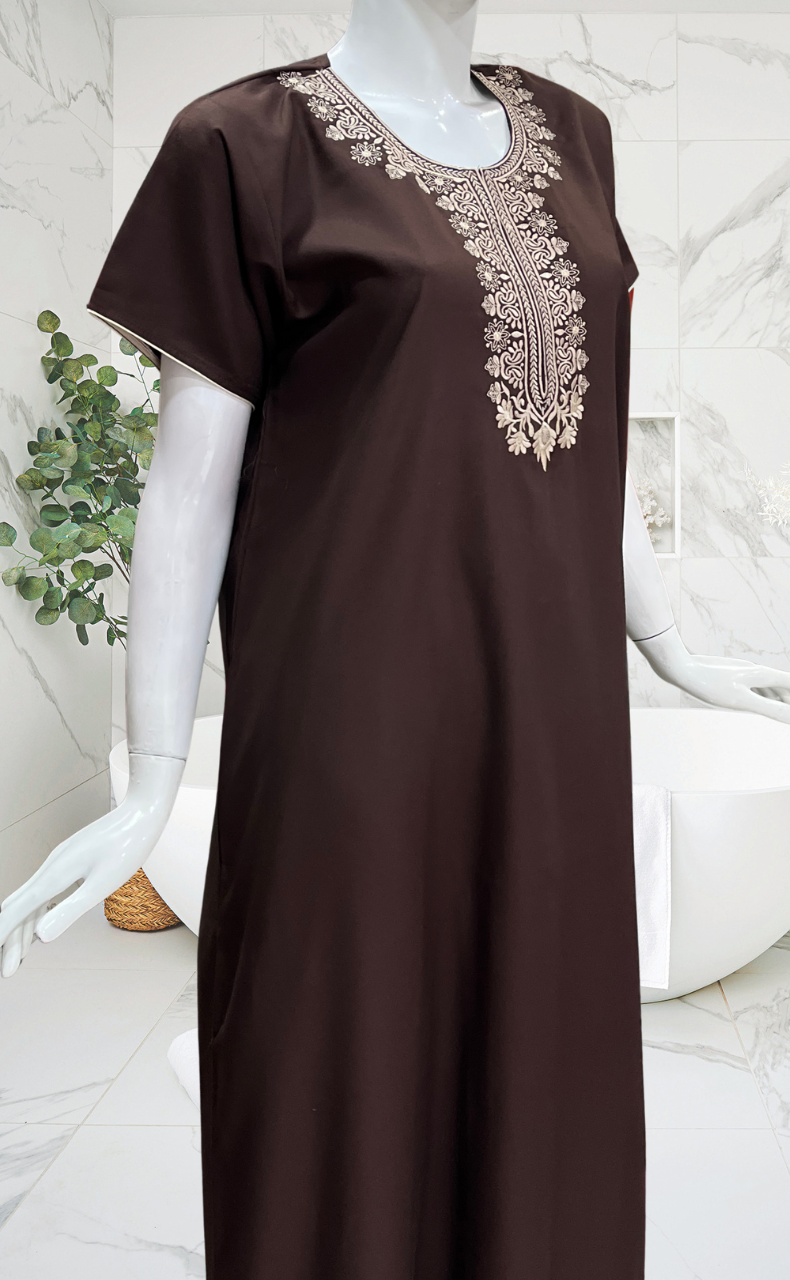 Dark Brown Embroidery Soft Cotton Nighty. Soft Breathable Fabric | Laces and Frills